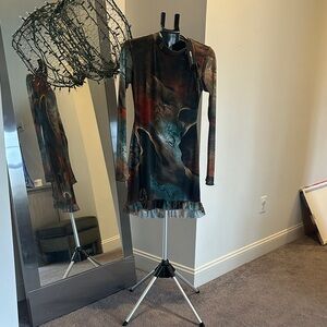 Fashion Nova Teal and Rust Abstract Long Sleeve Mini Dress